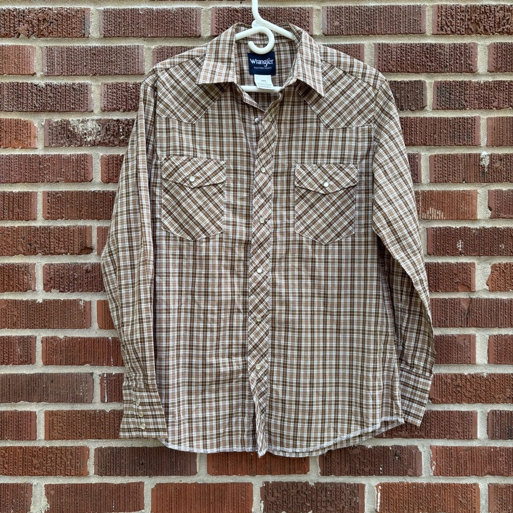 Wrangler Western Brown Tan Raw Hem long sleeve Shirt Pearl Snap Men’s M